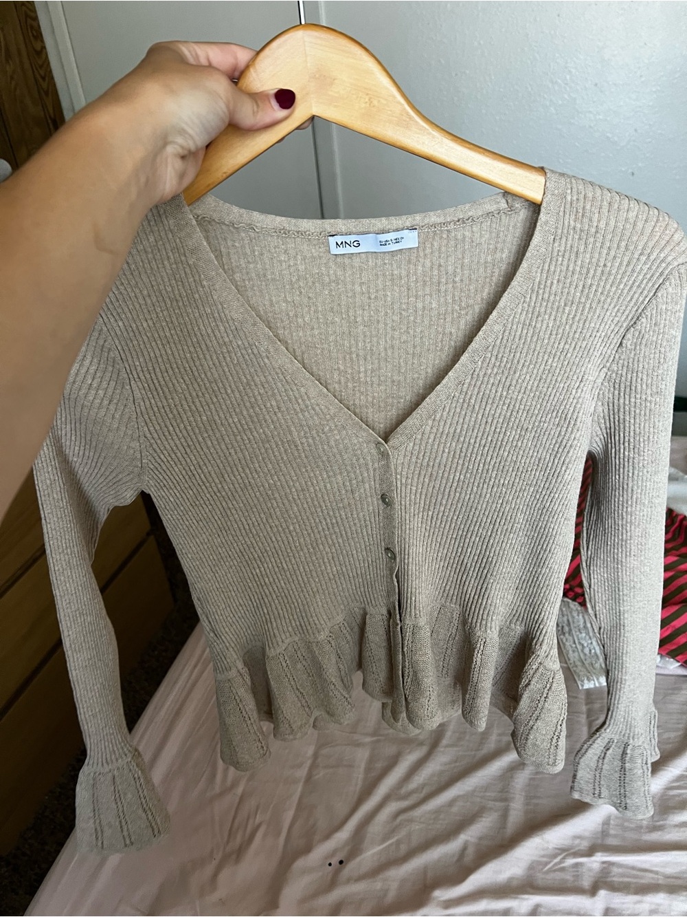 Mango Neutral Ribbed V-Neck Button Cardigan with Ruffle Hem